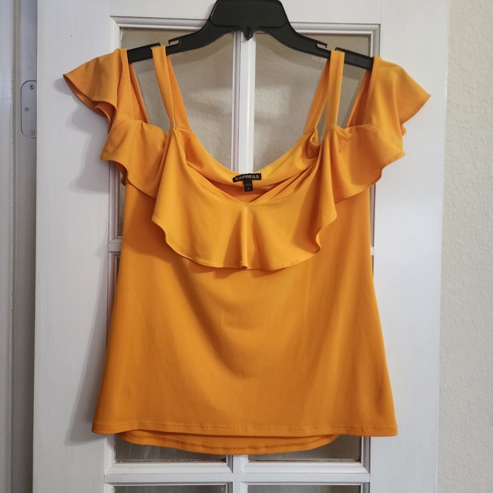 Express Women's Golden Yellow Cold Shoulder Ruffle Top S/P Trendy Summer Blouse